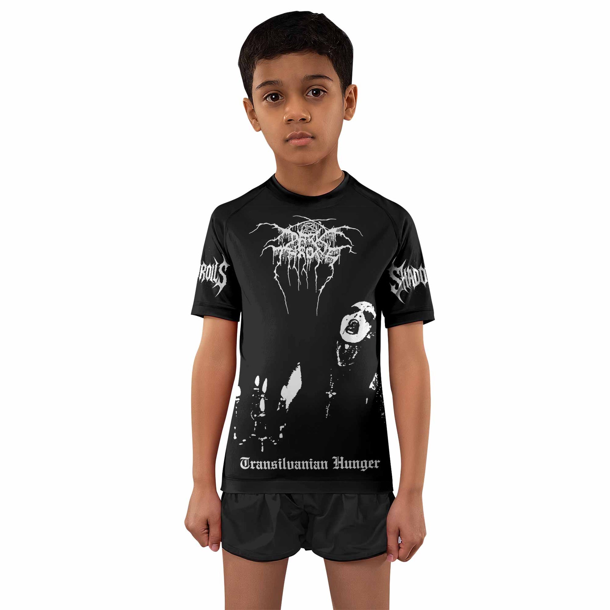 Darkthrone Transilvanian Hunger Kids Rash Guard Short Sleeve - boy's lifestyle view