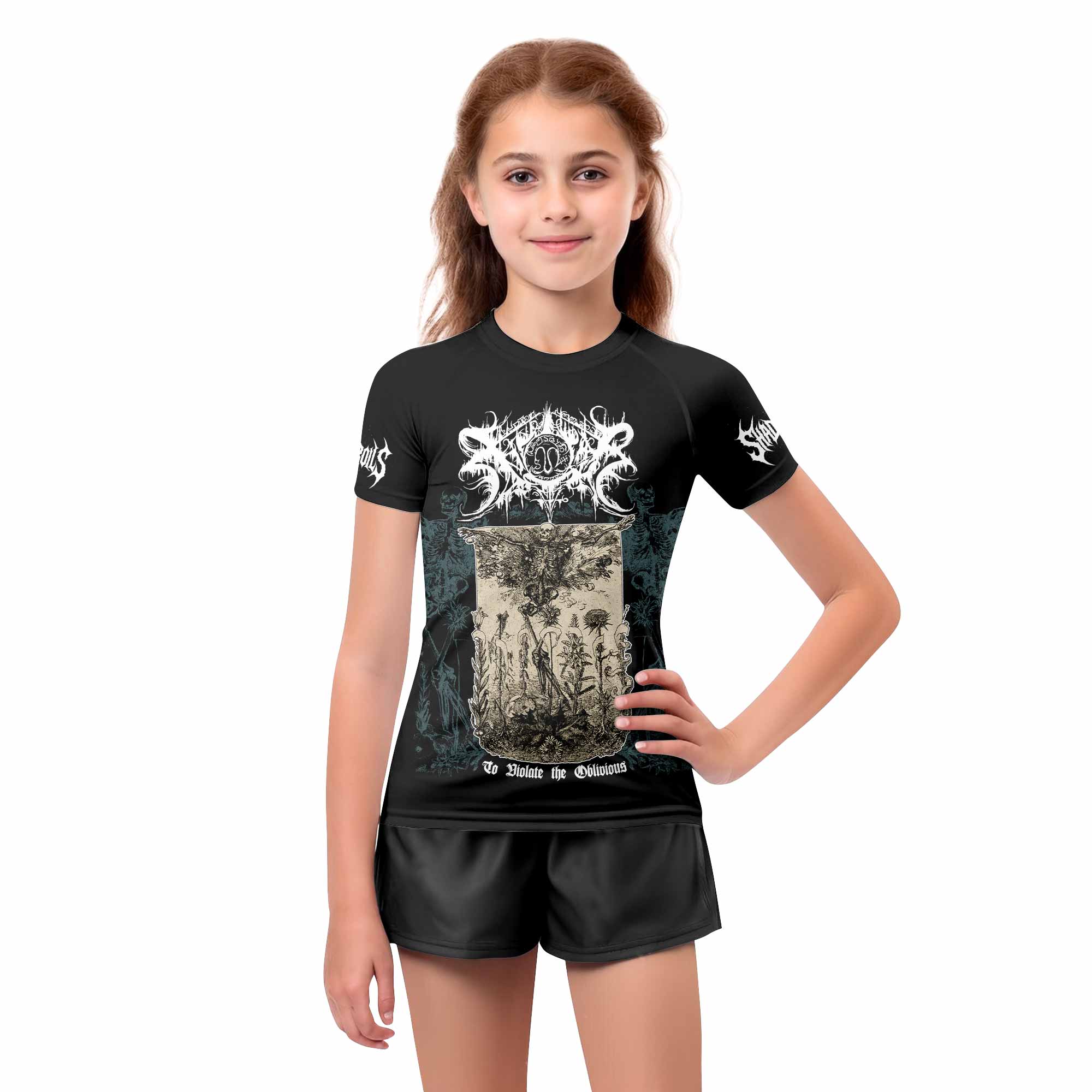 Xasthur To Violate the Oblivious Kids Rash Guard Short Sleeve - girl's lifestyle view