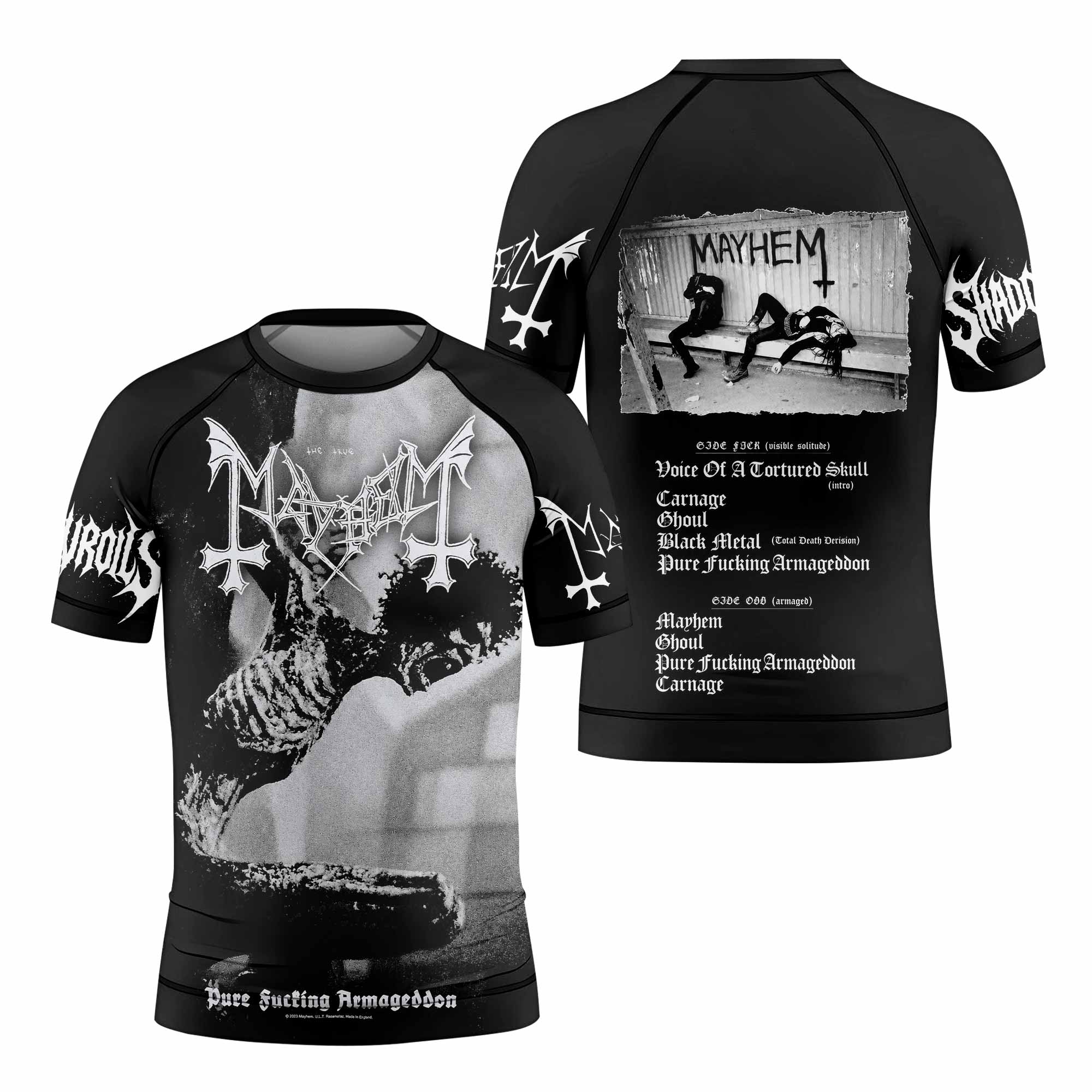 Mayhem Pure Fucking Armageddon Kids Rash Guard Short Sleeve - front and back view