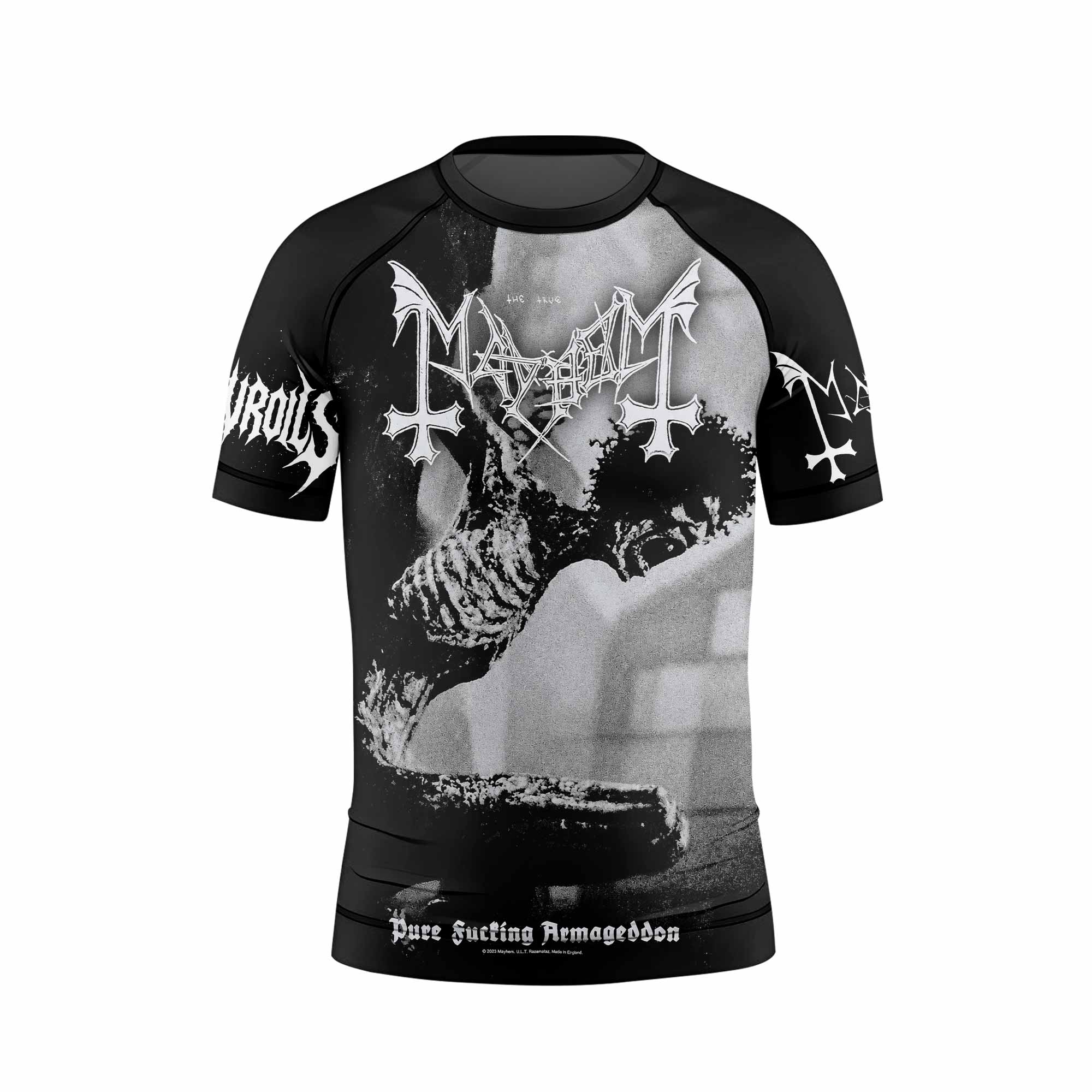 Mayhem Pure Fucking Armageddon Kids Rash Guard Short Sleeve - front view mockup