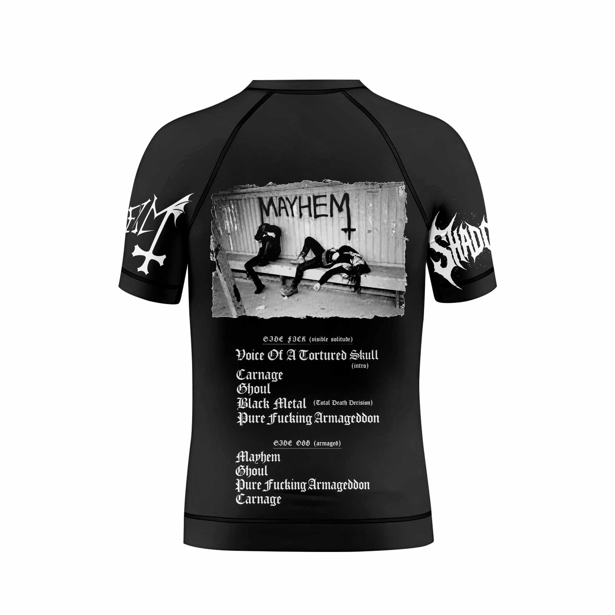 Mayhem Pure Fucking Armageddon Kids Rash Guard Short Sleeve - back view mockup