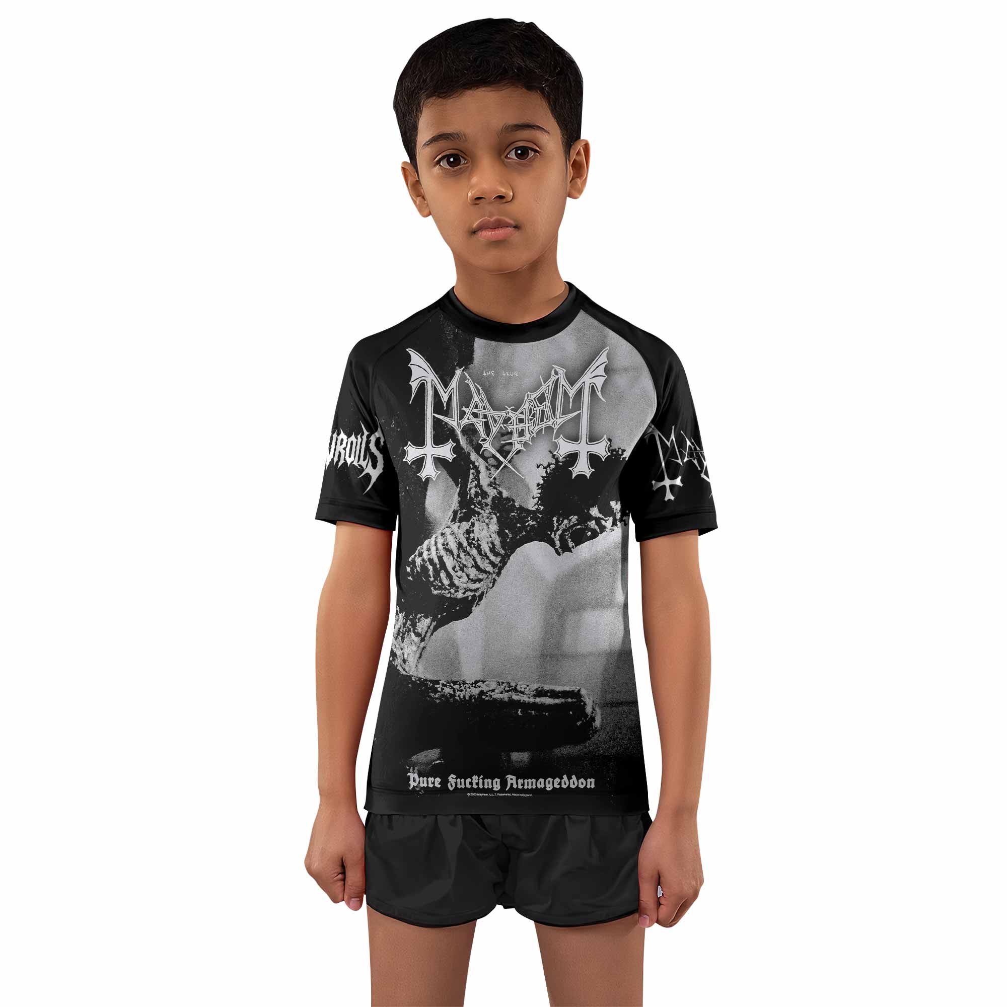 Mayhem Pure Fucking Armageddon Kids Rash Guard Short Sleeve - boy's lifestyle view