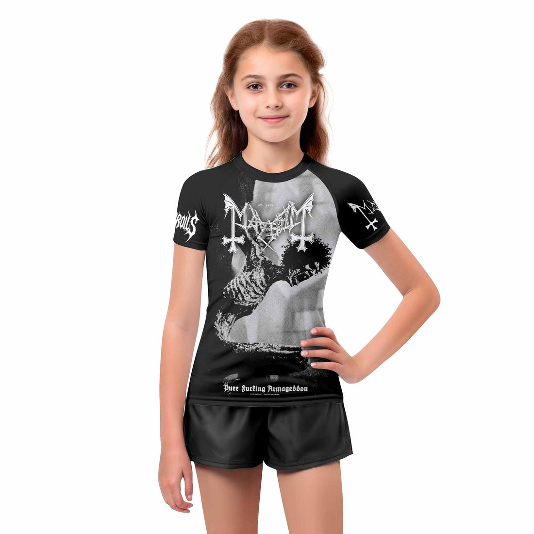 Mayhem Pure Fucking Armageddon Kids Rash Guard Short Sleeve - boy's lifestyle view