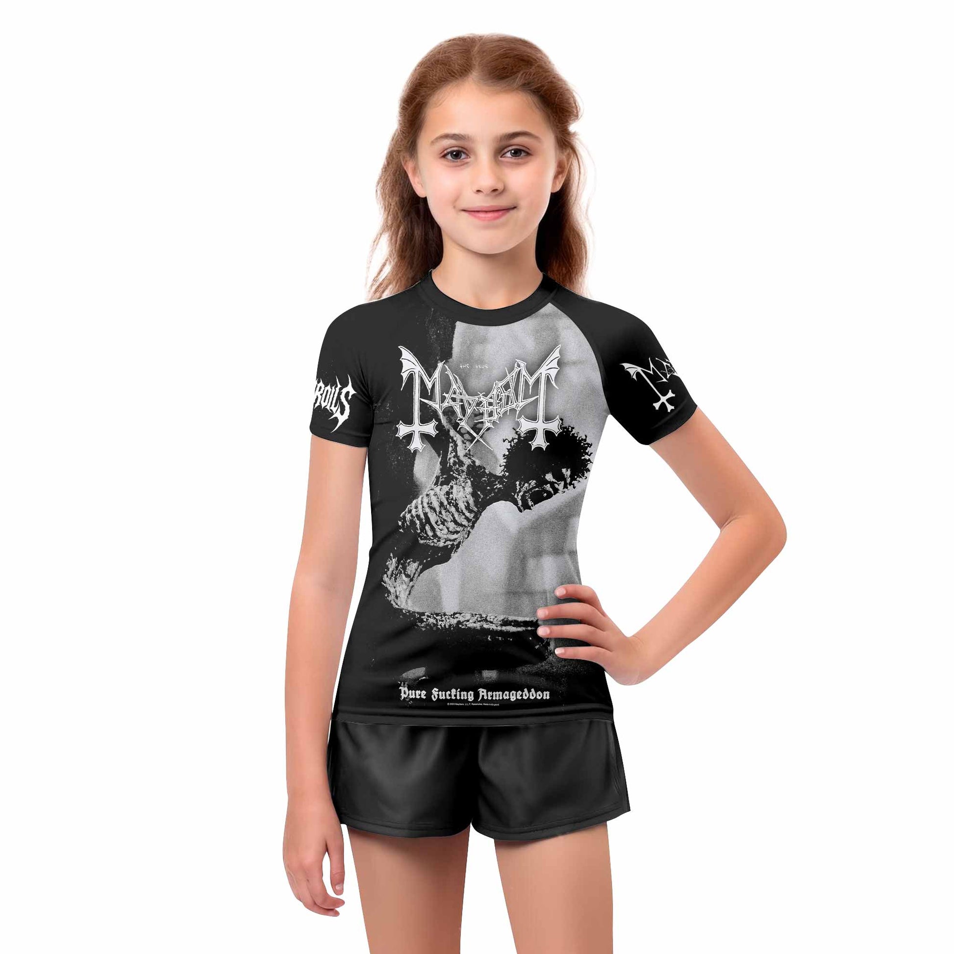 Mayhem Pure Fucking Armageddon Kids Rash Guard Short Sleeve - girl's lifestyle view
