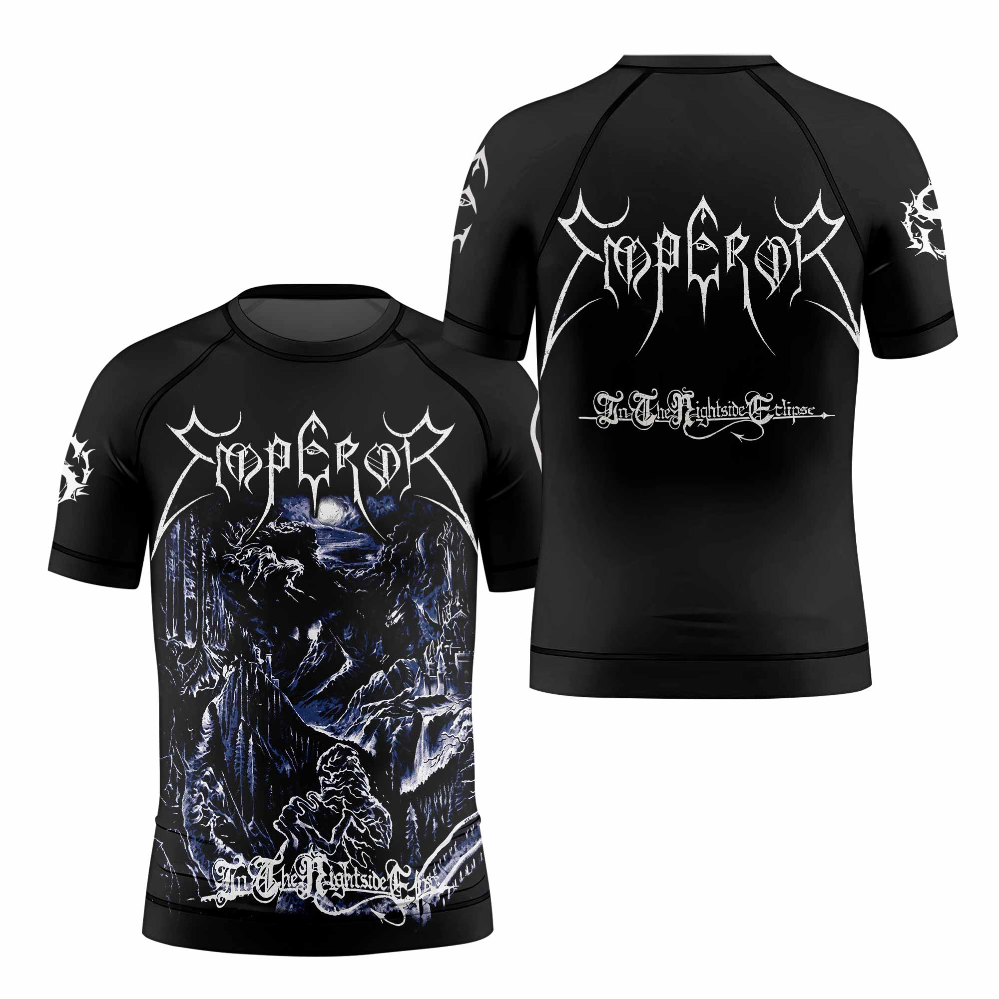 Emperor In the Nightside Eclipse Kids Rash Guard Short Sleeve - front and back view