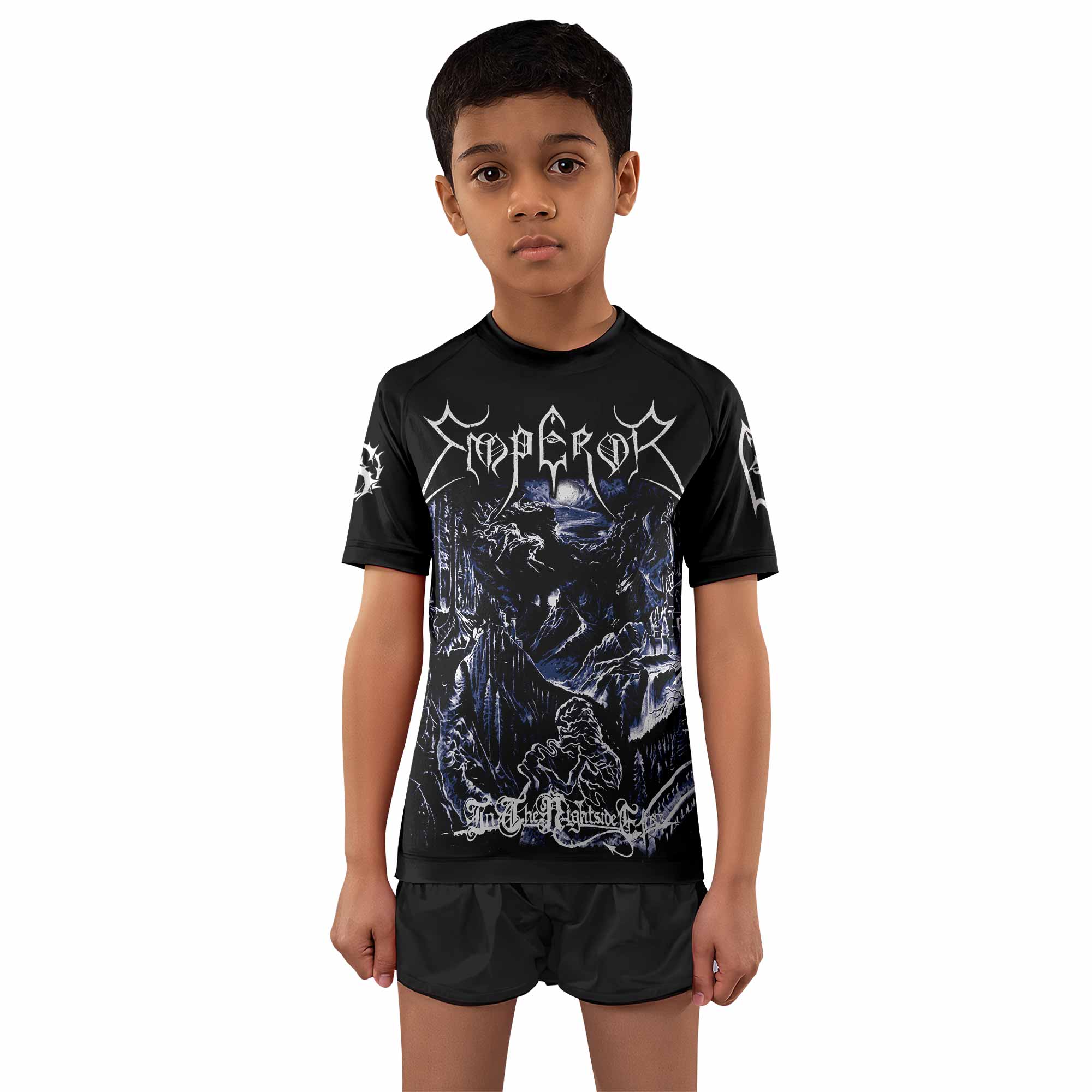 Emperor In the Nightside Eclipse Kids Rash Guard Short Sleeve - boy's lifestyle view
