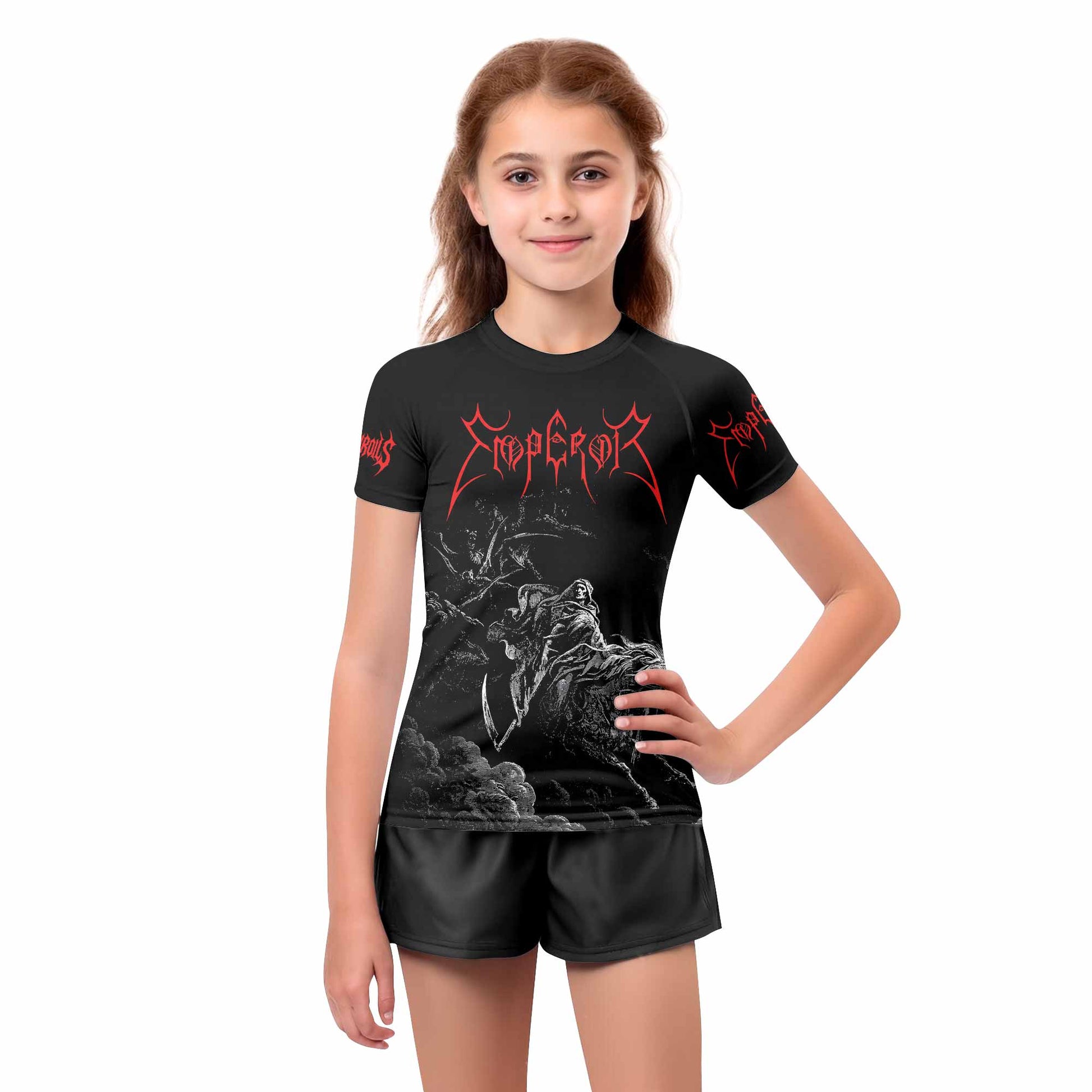 Emperor Wrath of the Tyrant Kids Rash Guard Short Sleeve - girl's lifestyle view