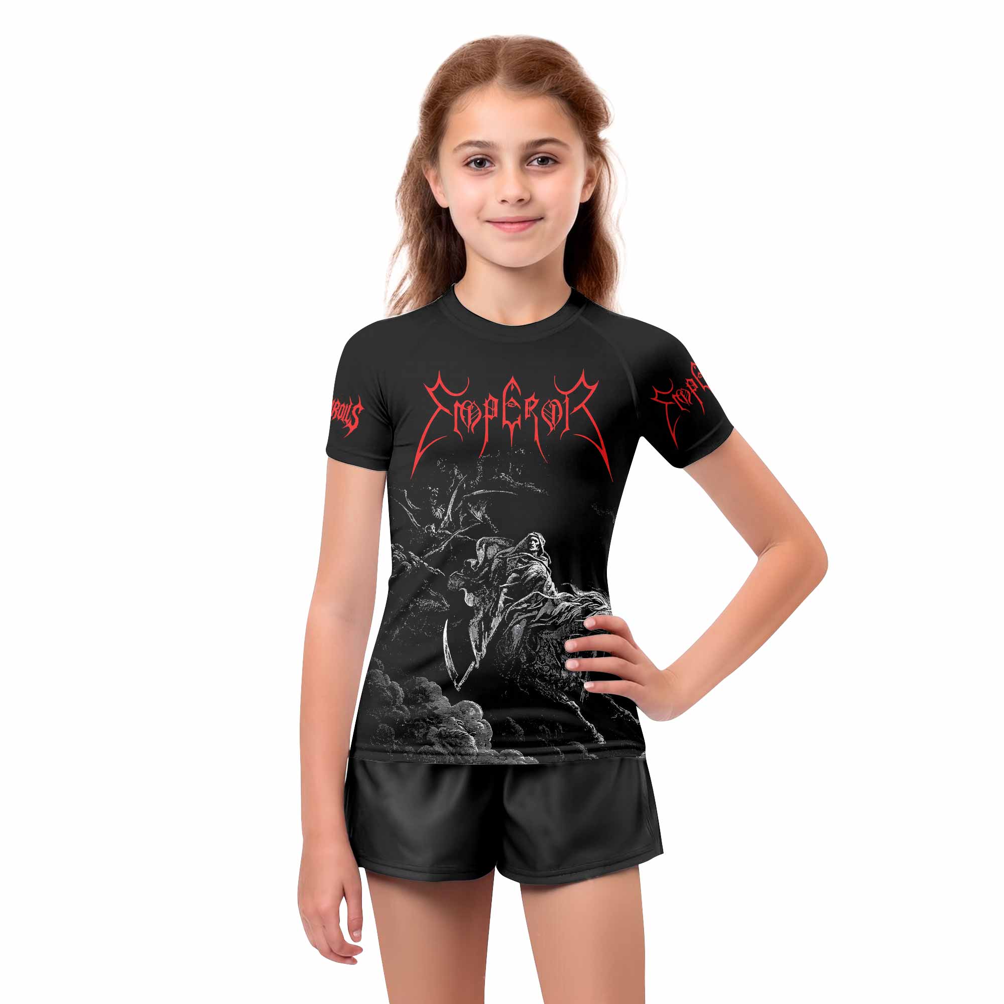 Emperor Wrath of the Tyrant Kids Rash Guard Short Sleeve - girl's lifestyle view