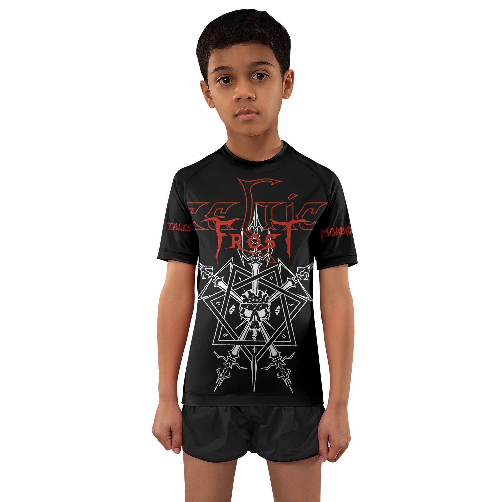 Celtic Frost Morbid Tales Sigil Kids Rash Guard Short Sleeve - boy's lifestyle view