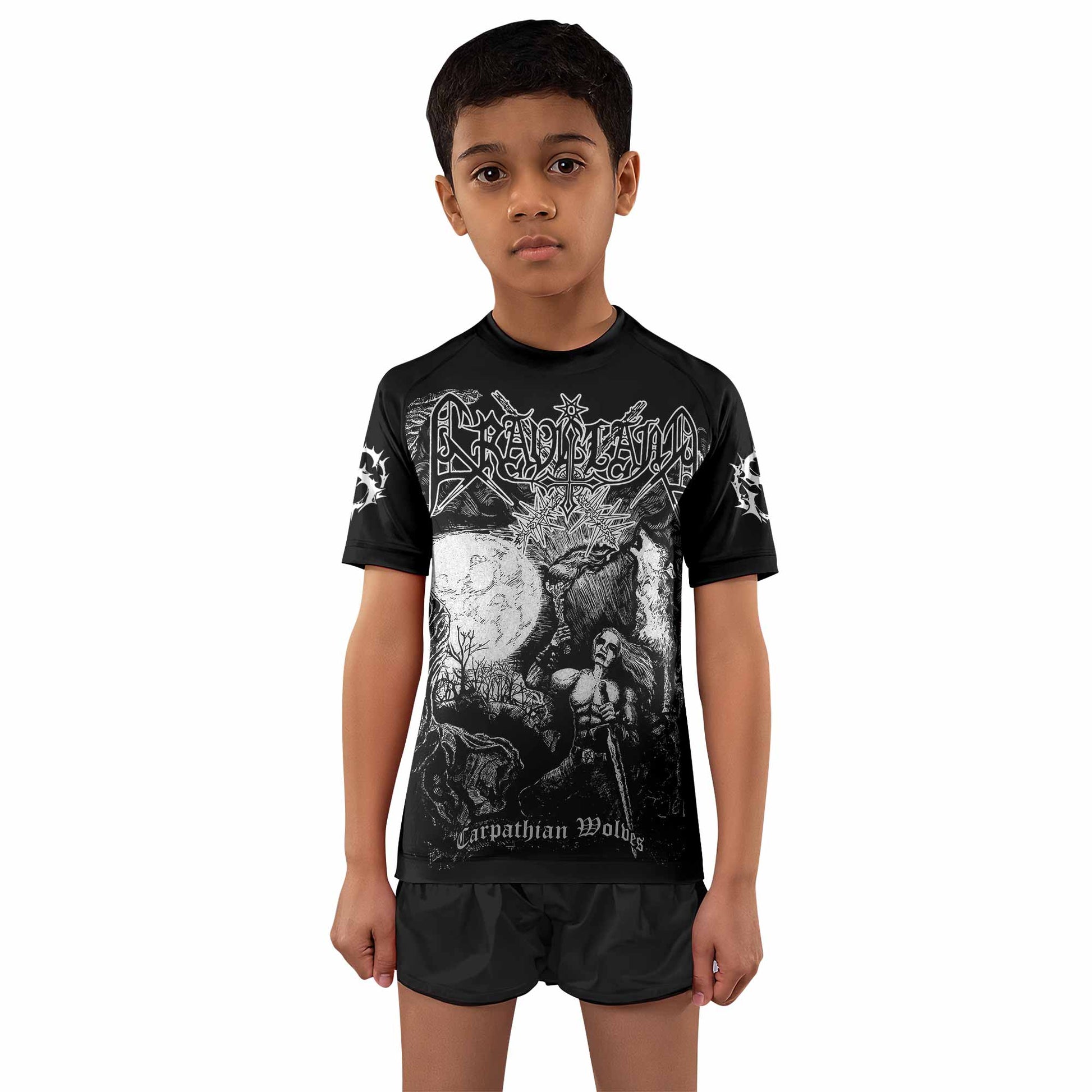 Graveland Carpathian Wolves Kids Rash Guard Short Sleeve - boy's lifestyle view