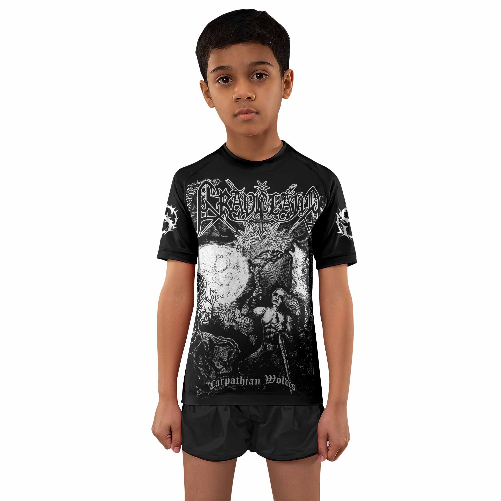 Graveland Carpathian Wolves Kids Rash Guard Short Sleeve - boy's lifestyle view