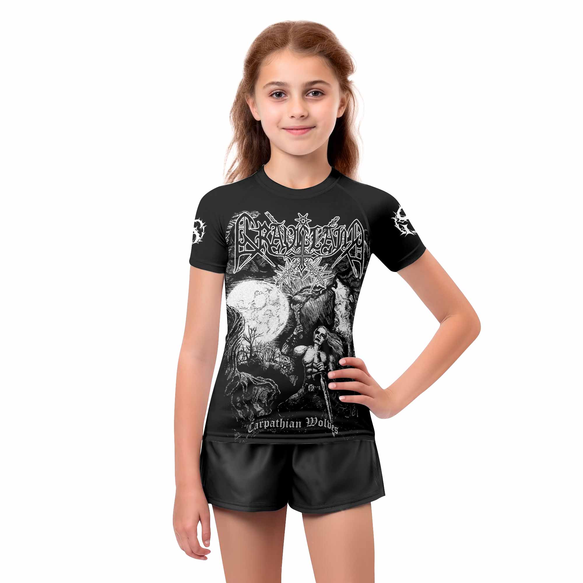 Graveland Carpathian Wolves Kids Rash Guard Short Sleeve - girl's lifestyle view