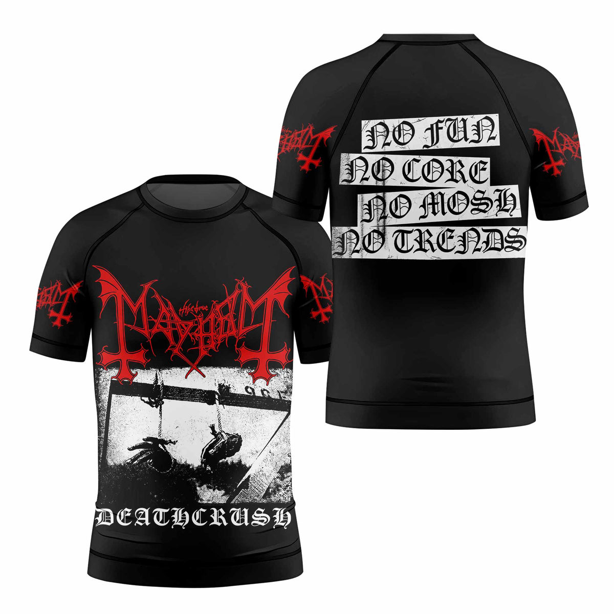 Mayhem Deathcrush No Fun No Core No Mosh No Trends Kids Rash Guard Short Sleeve - front and back view