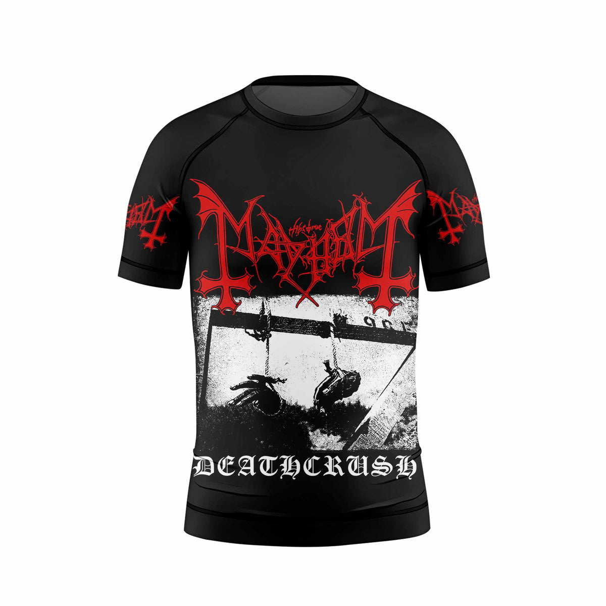 Mayhem Deathcrush No Fun No Core No Mosh No Trends Kids Rash Guard Short Sleeve - front view mockup
