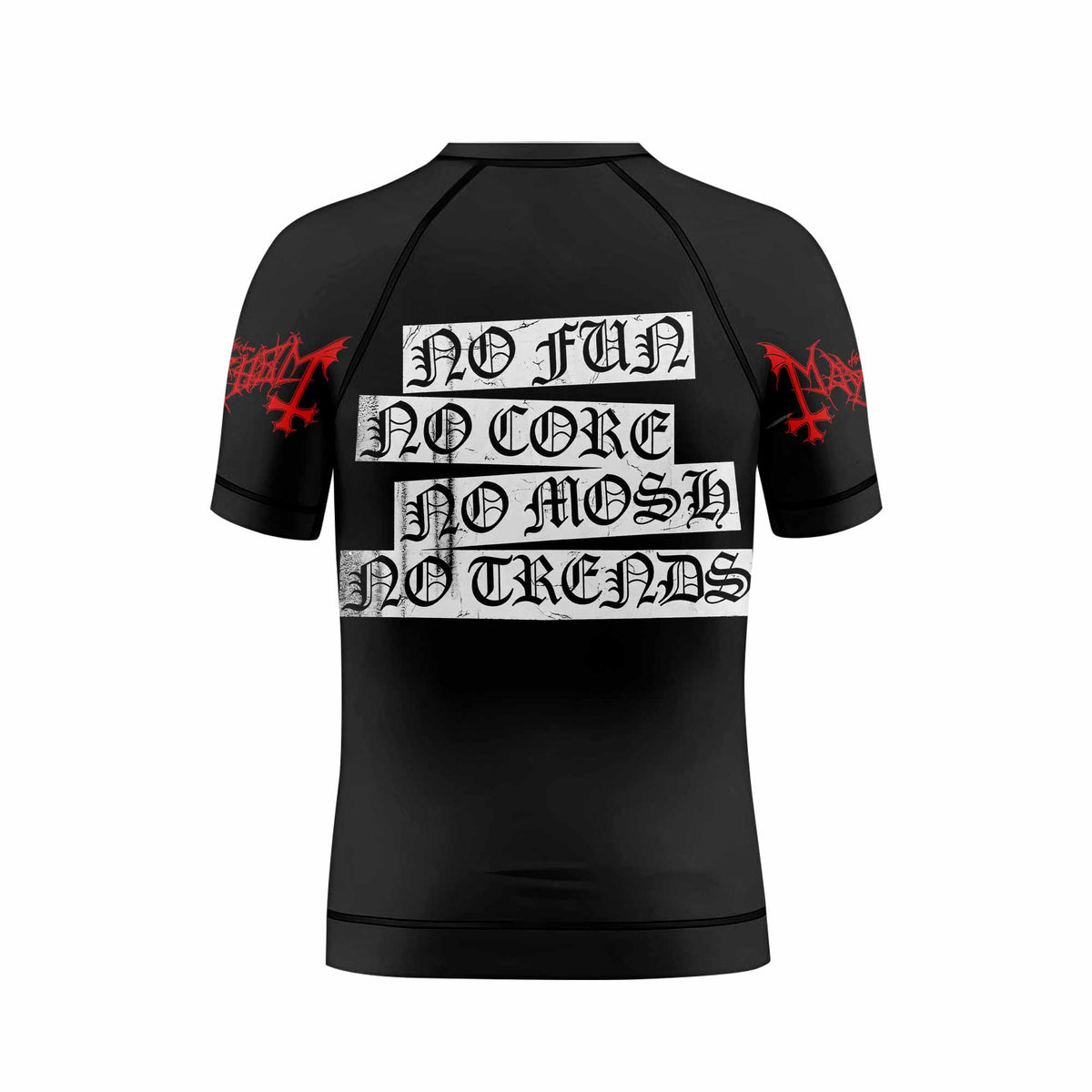 Mayhem Deathcrush No Fun No Core No Mosh No Trends Kids Rash Guard Short Sleeve - back view mockup