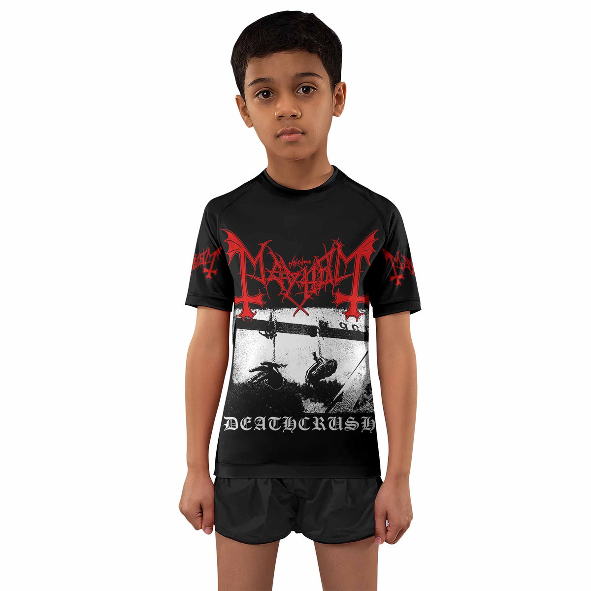 Mayhem Deathcrush No Fun No Core No Mosh No Trends Kids Rash Guard Short Sleeve - boy's lifestyle view