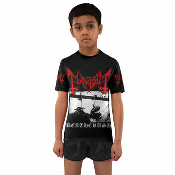 Mayhem Deathcrush No Fun No Core No Mosh No Trends Kids Rash Guard Short Sleeve - boy's lifestyle view