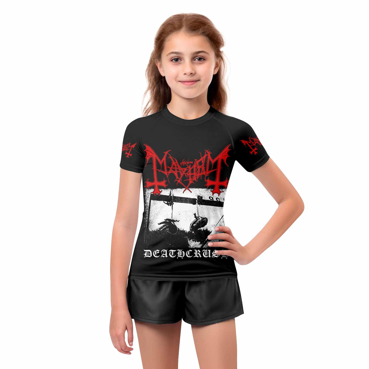 Mayhem Deathcrush No Fun No Core No Mosh No Trends Kids Rash Guard Short Sleeve - girl's lifestyle view
