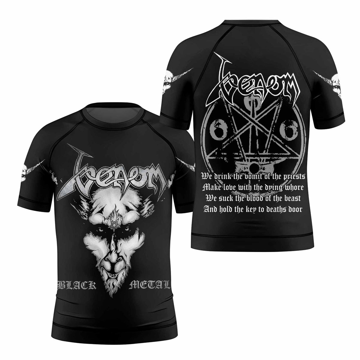 Venom Black Metal Goat Sigil Kids Rash Guard Short Sleeve - front and back view