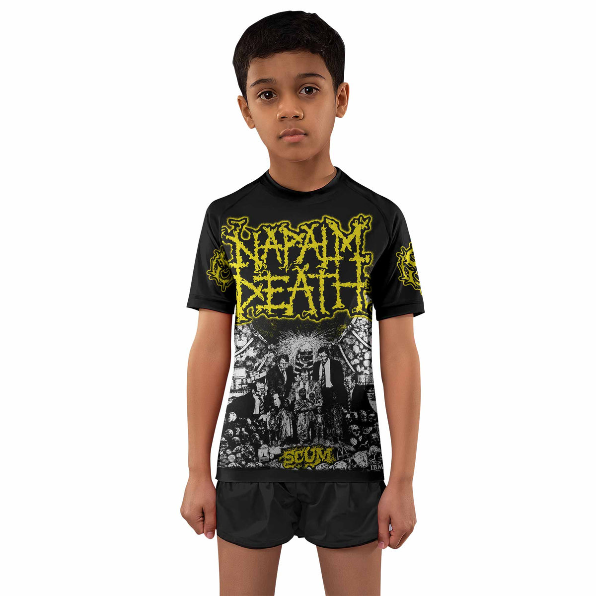 Napalm Death Scum Kids Rash Guard Short Sleeve - boy's lifestyle view