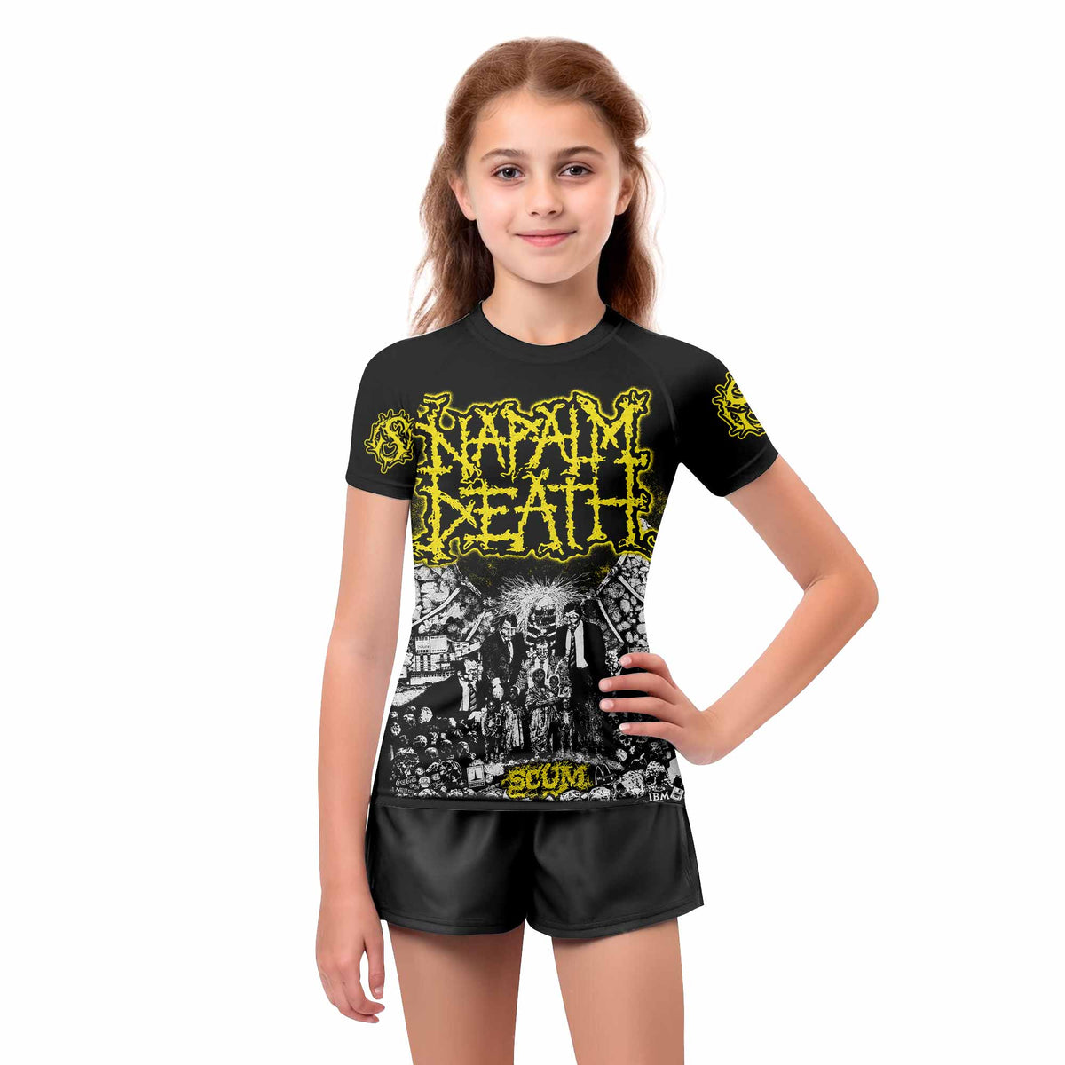 Napalm Death Scum Kids Rash Guard Short Sleeve - girl's lifestyle view