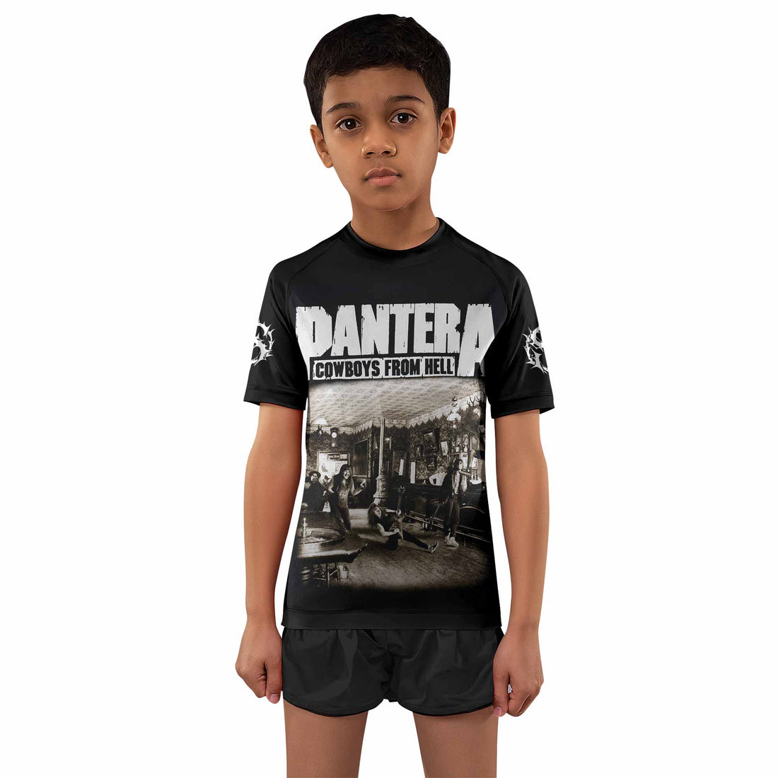 Cowboys from Hell Pantera Kids Rash Guard Short Sleeve - boy's lifestyle view