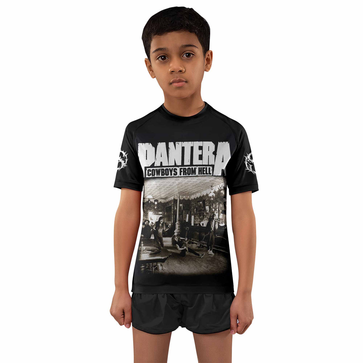 Cowboys from Hell Pantera Kids Rash Guard Short Sleeve - boy's lifestyle view