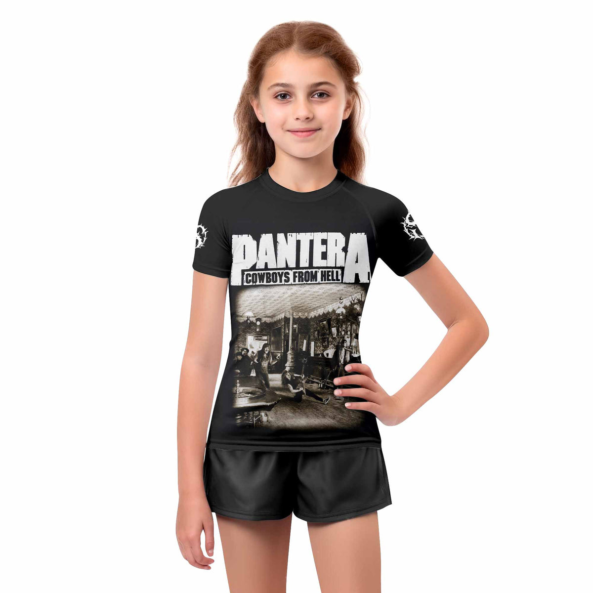 Cowboys from Hell Pantera Kids Rash Guard Short Sleeve - girl's lifestyle view