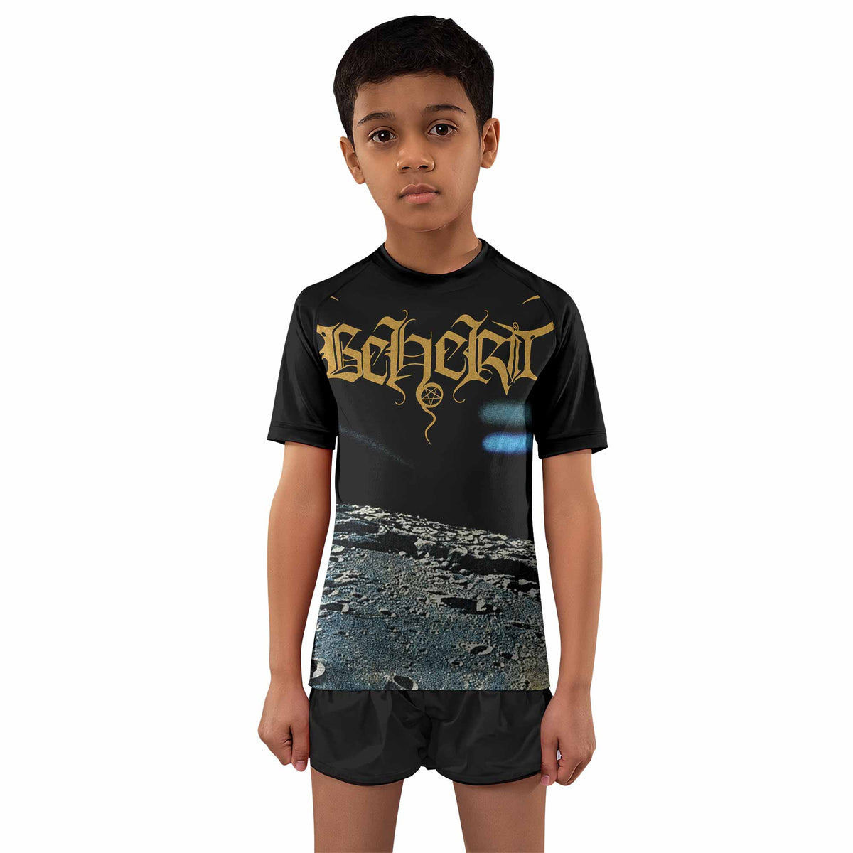 Beherit Drawing Down the Moon Kids Rash Guard Short Sleeve - boy's lifestyle view