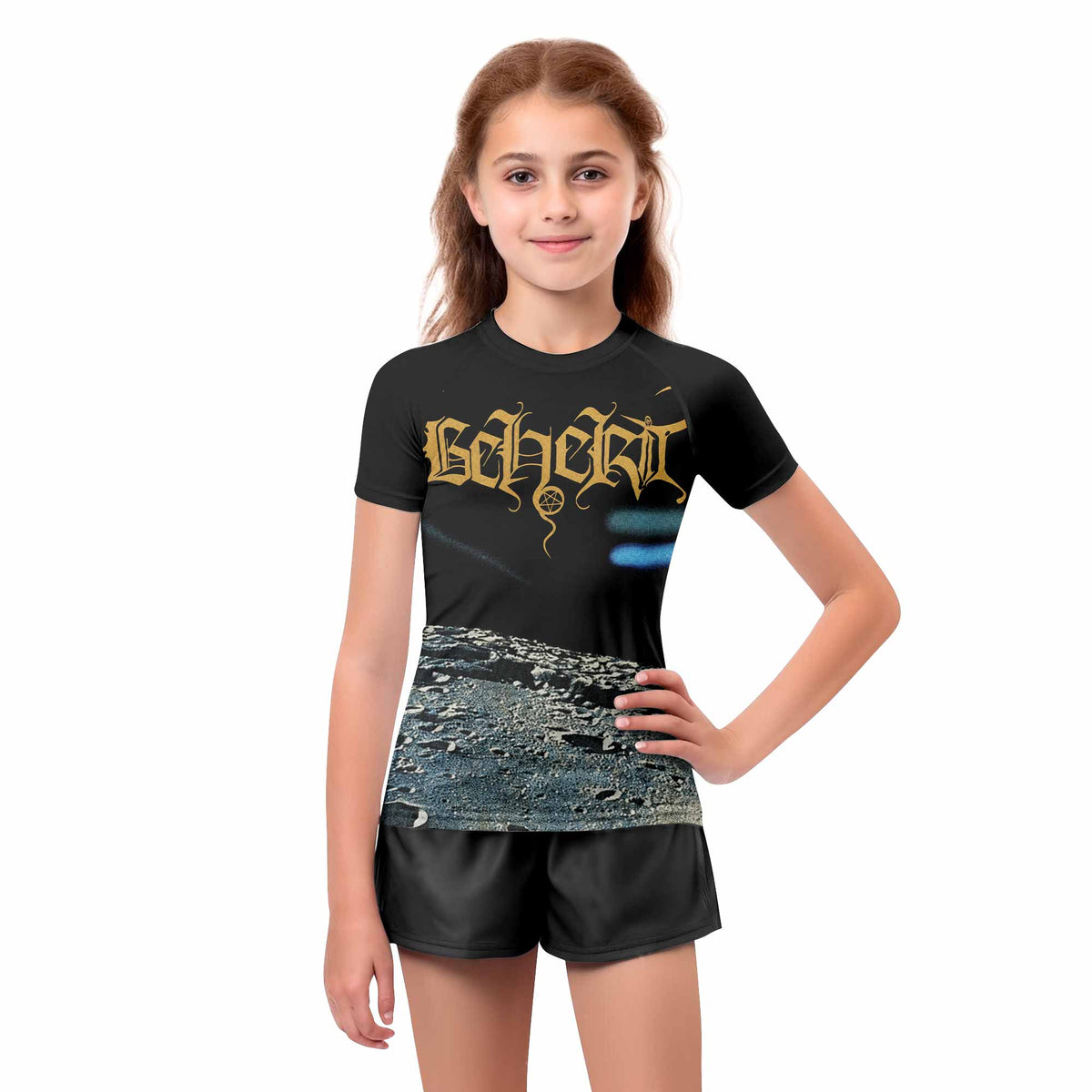 Beherit Drawing Down the Moon Kids Rash Guard Short Sleeve - girl's lifestyle view