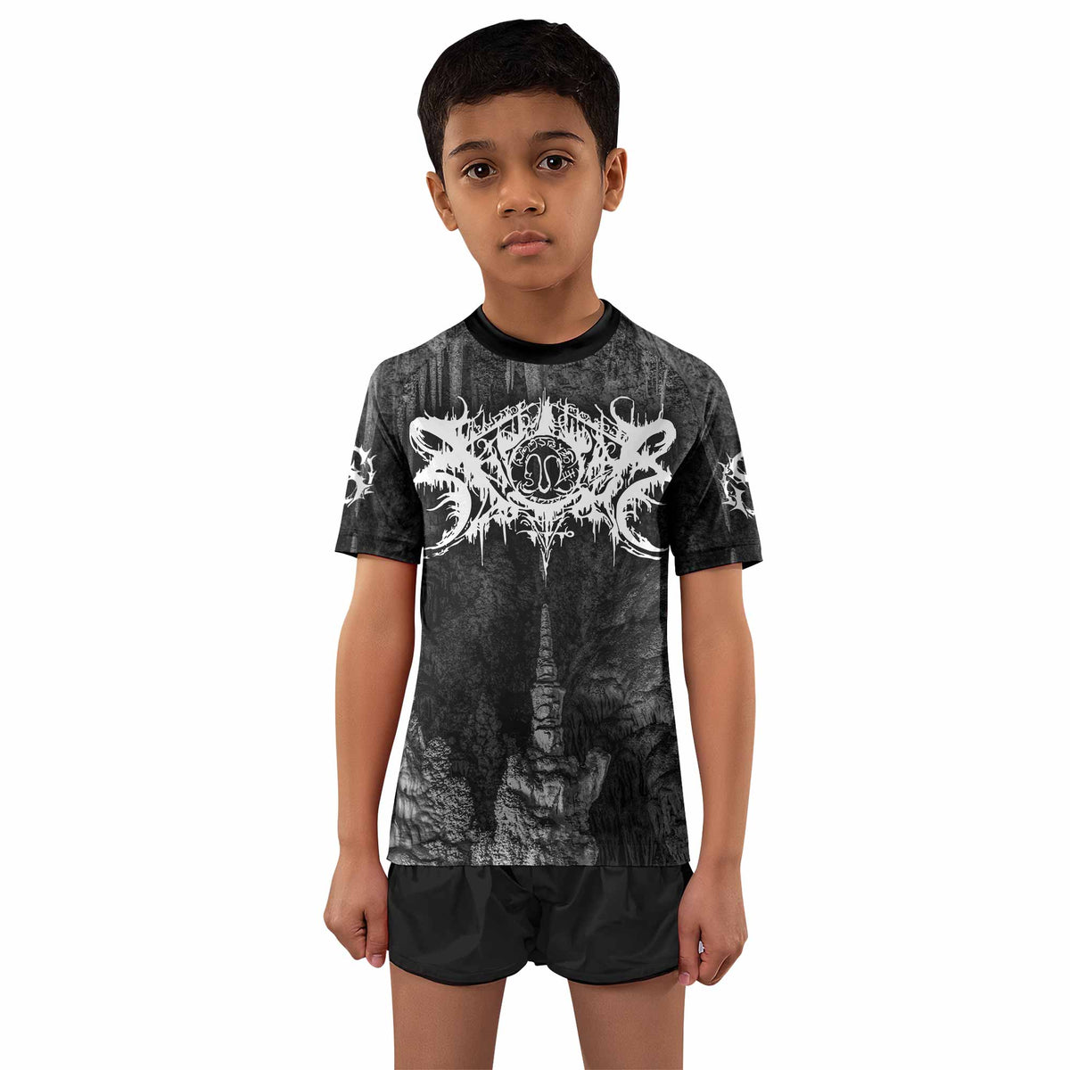 Xasthur Nocturnal Poisoning Kids Rash Guard Short Sleeve - boy's lifestyle view