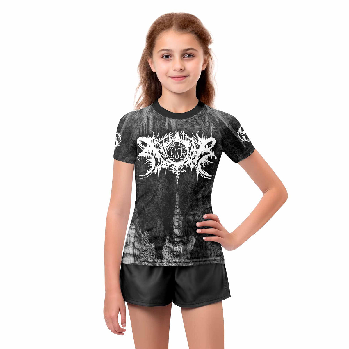 Xasthur Nocturnal Poisoning Kids Rash Guard Short Sleeve - girl's lifestyle view