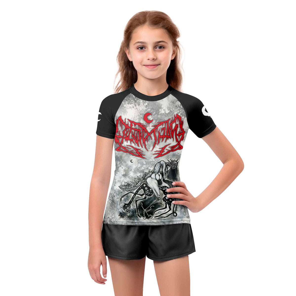 Leviathan Tentacles of Whorror Kids Rash Guard Short Sleeve - girl's lifestyle view