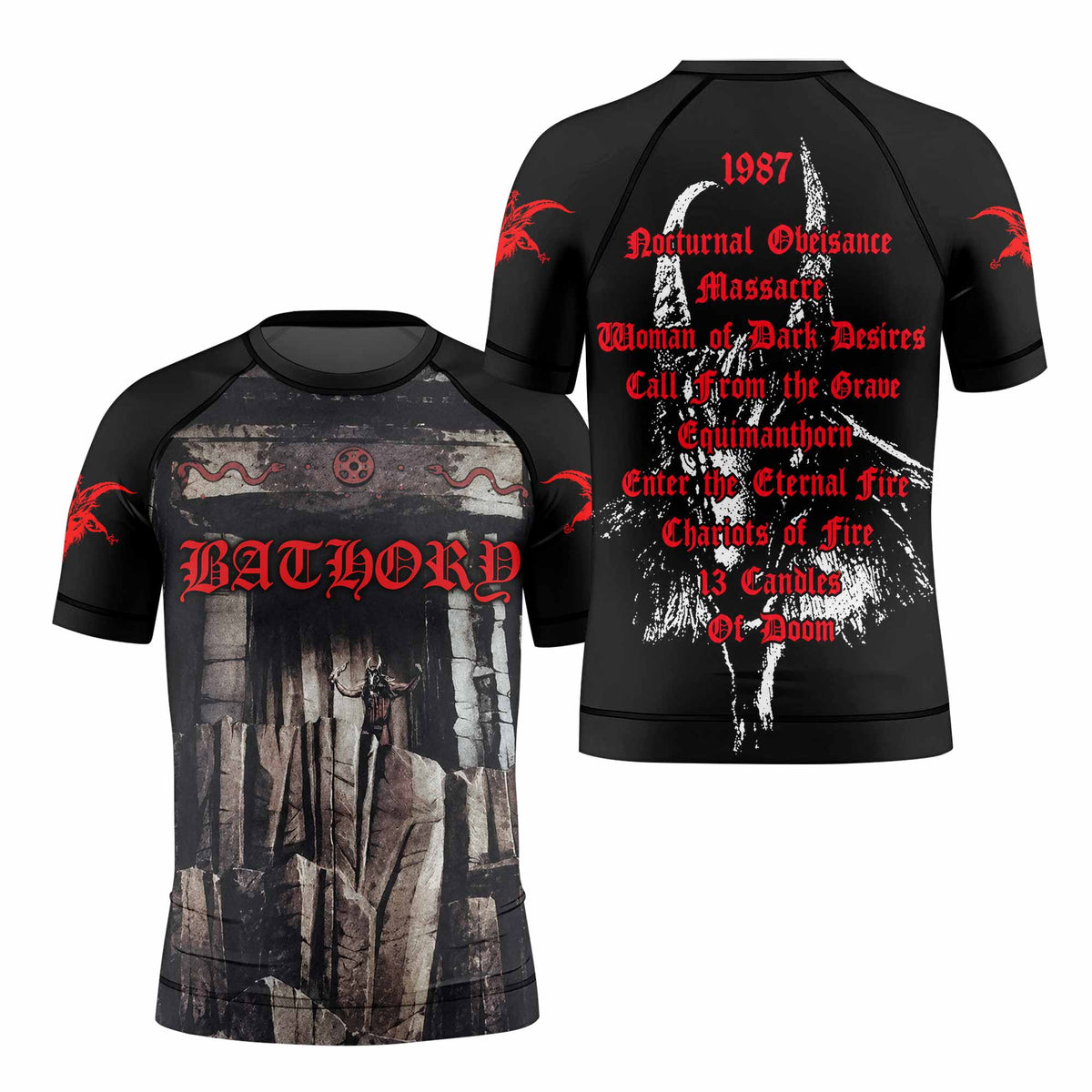 Bathory Under the Sign of the Black Mark Kids Rash Guard Short Sleeve - front and back view