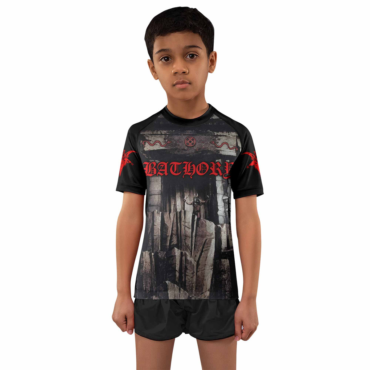 Bathory Under the Sign of the Black Mark Kids Rash Guard Short Sleeve - boy's lifestyle view