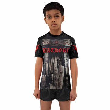 Bathory Under the Sign of the Black Mark Kids Rash Guard Short Sleeve - boy's lifestyle view