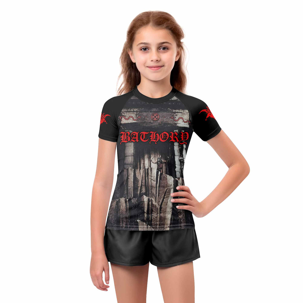 Bathory Under the Sign of the Black Mark Kids Rash Guard Short Sleeve - girl's lifestyle view