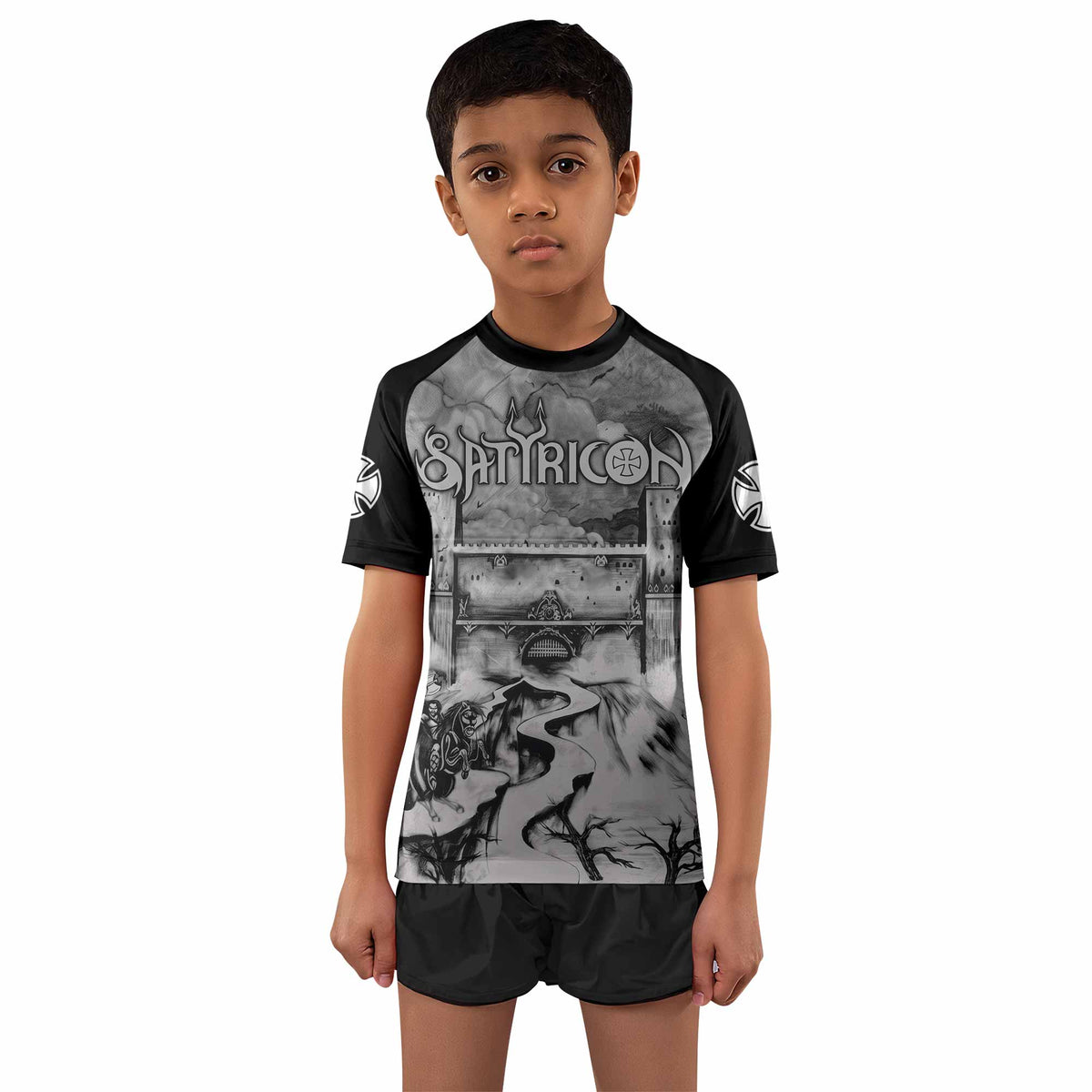 Satyricon Dark Medieval Times Kids Rash Guard Short Sleeve - boy's lifestyle view
