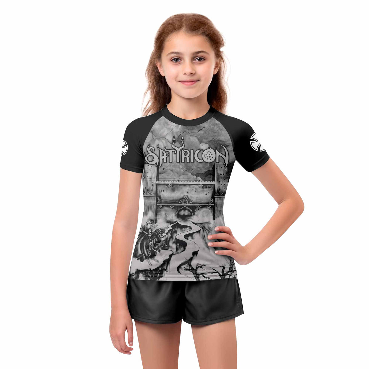 Satyricon Dark Medieval Times Kids Rash Guard Short Sleeve - girl's lifestyle view