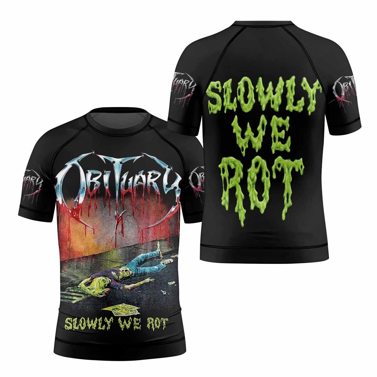 Obituary Slowly We Rot Kids Rash Guard Short Sleeve - front and back view