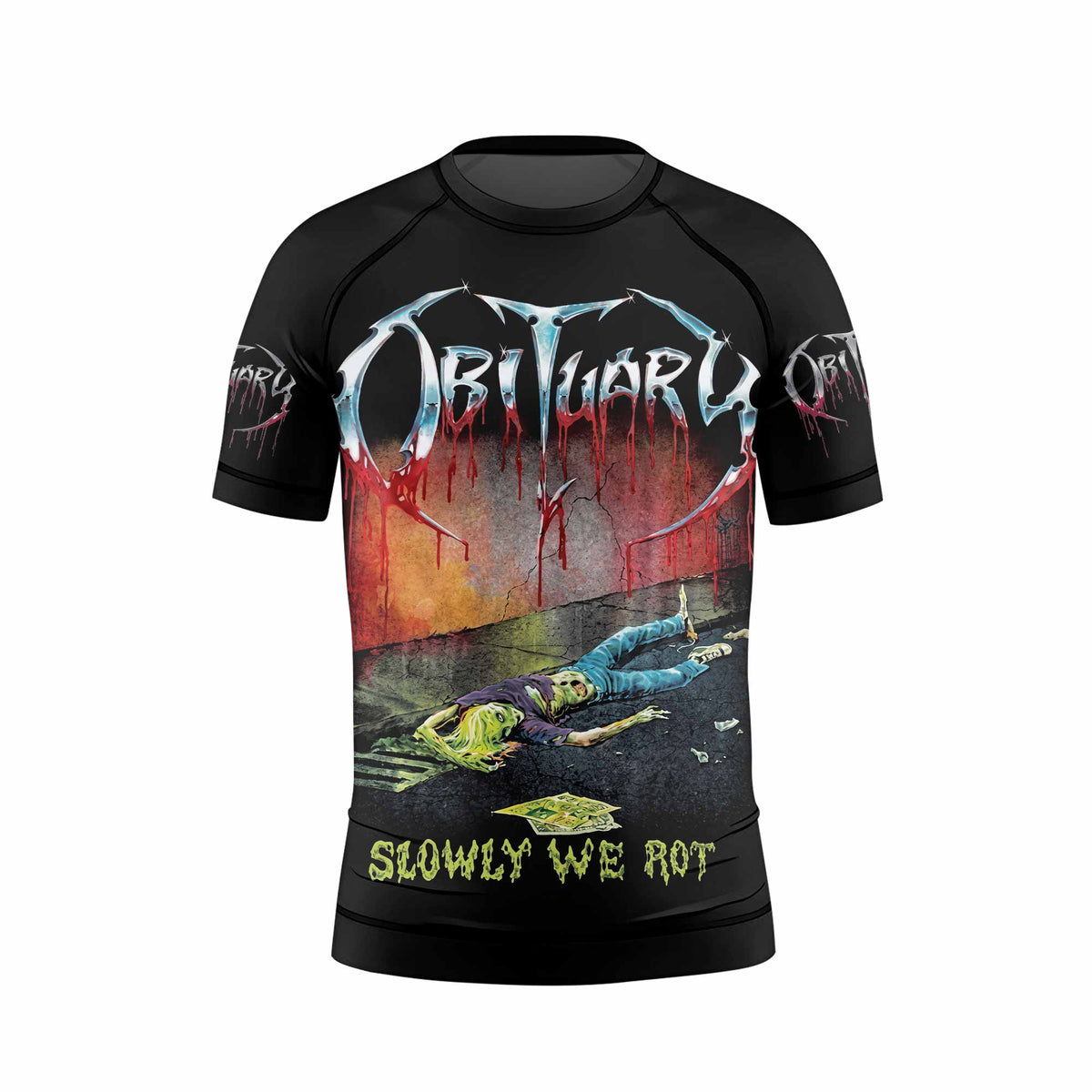 Obituary Slowly We Rot Kids Rash Guard Short Sleeve - front view mockup