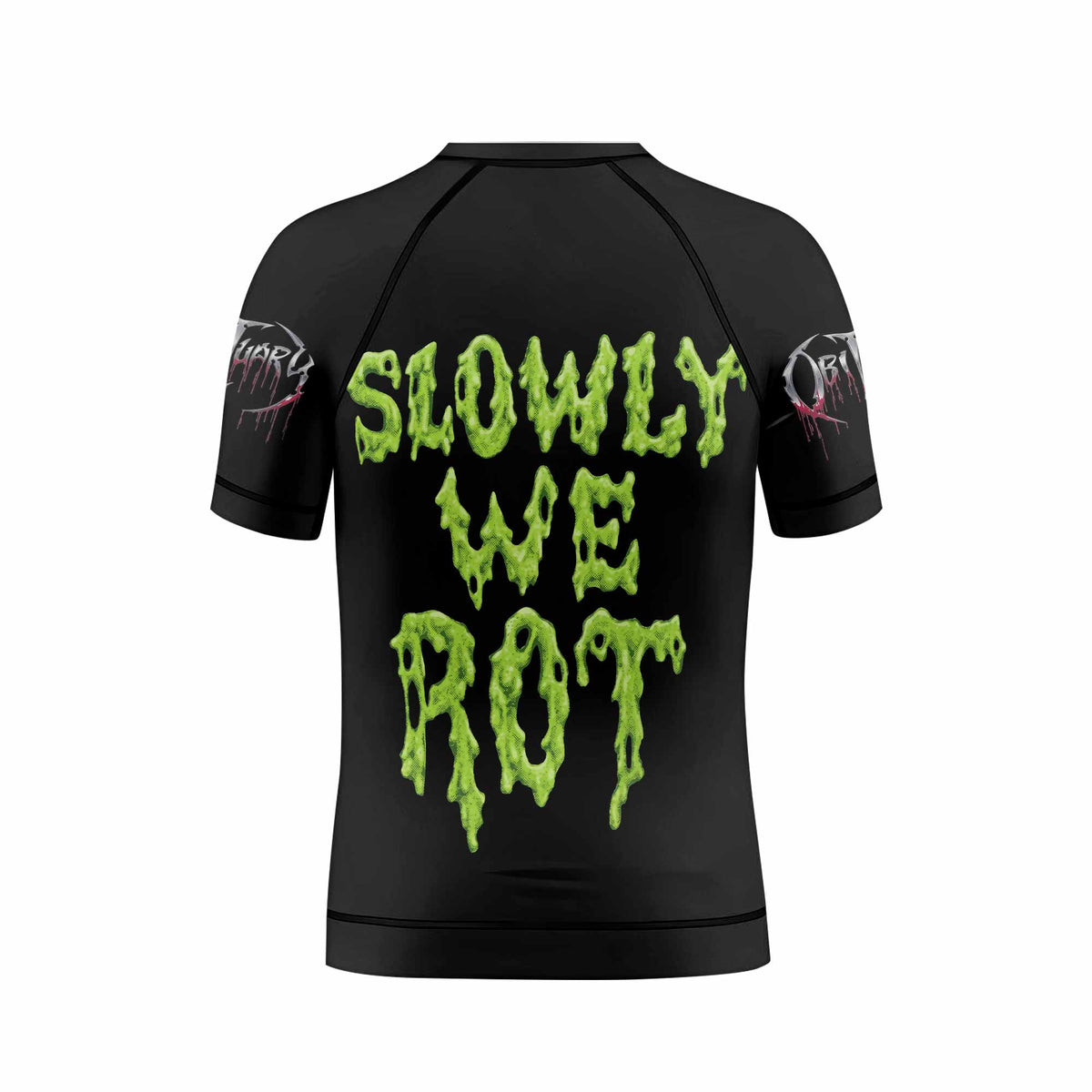 Obituary Slowly We Rot Kids Rash Guard Short Sleeve - back view mockup