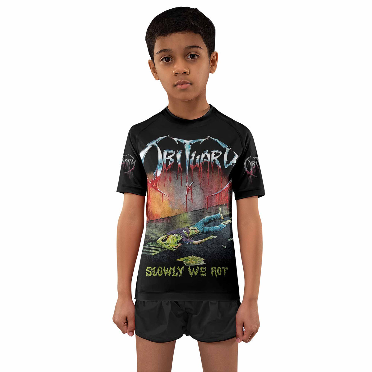 Obituary Slowly We Rot Kids Rash Guard Short Sleeve - boy's lifestyle view