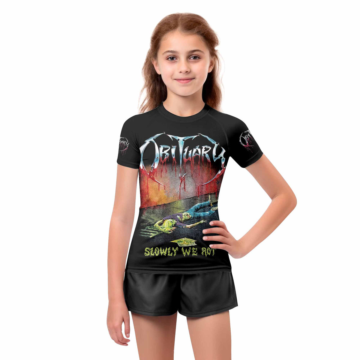 Obituary Slowly We Rot Kids Rash Guard Short Sleeve - girl's lifestyle view