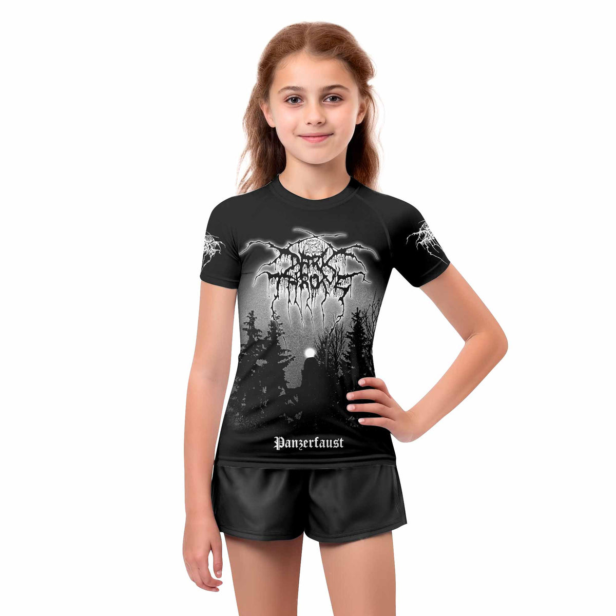 Darkthrone Panzerfaust Kids Rash Guard Short Sleeve - girl's lifestyle view