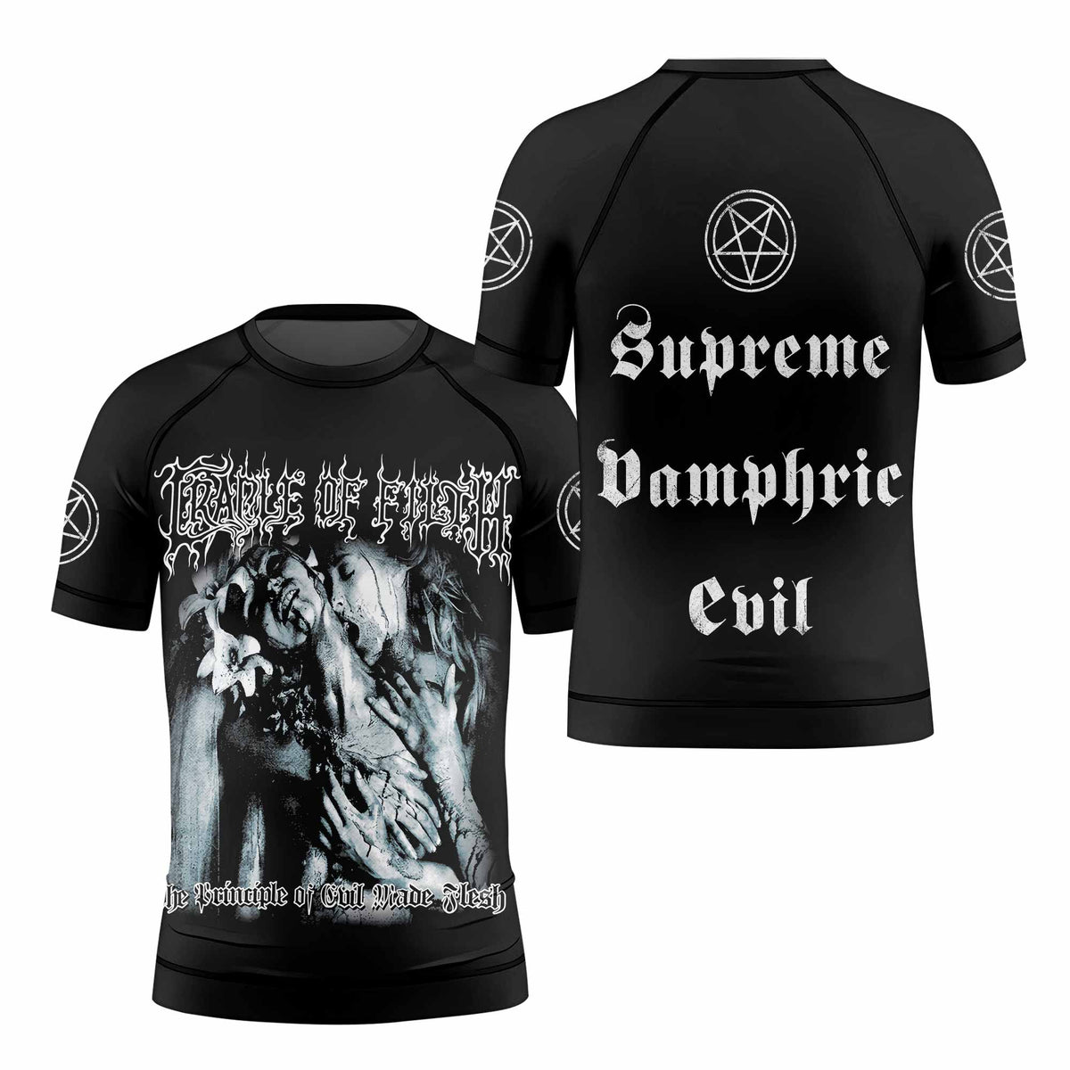 Cradle of Filth The Principle of Evil Made Flesh Kids Rash Guard Short Sleeve - front and back view