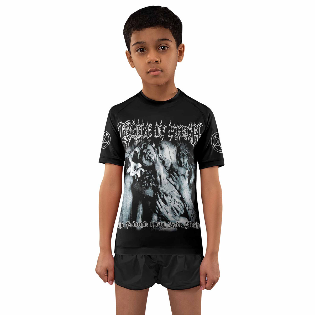 Cradle of Filth The Principle of Evil Made Flesh Kids Rash Guard Short Sleeve - boy's lifestyle view