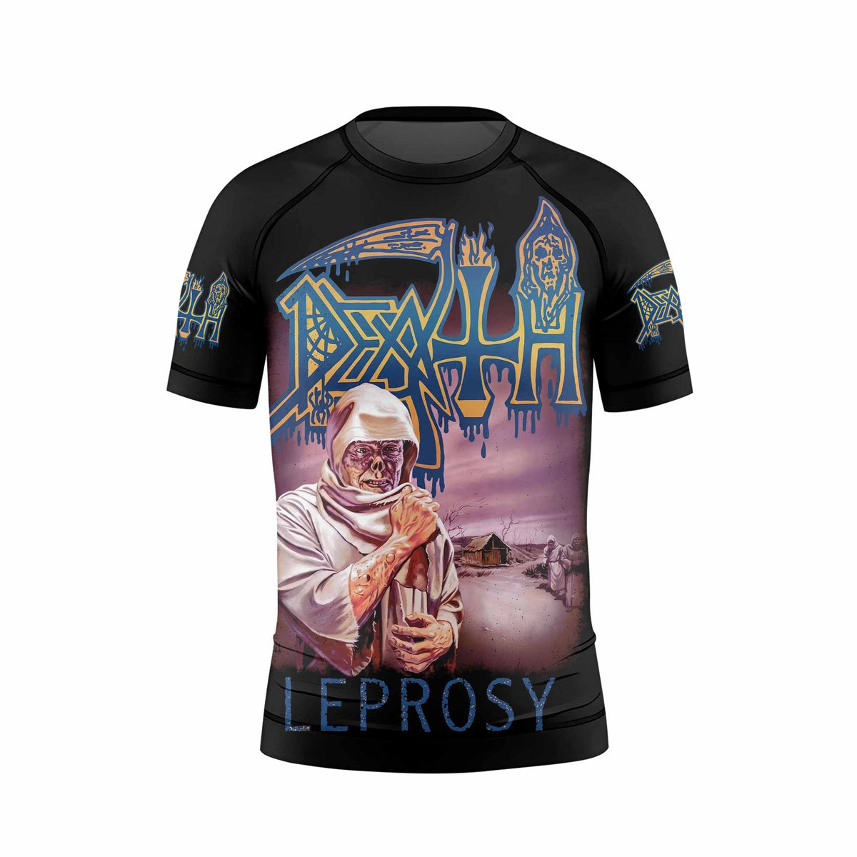 Death Leprosy Kids Rash Guard Short Sleeve - front view mockup