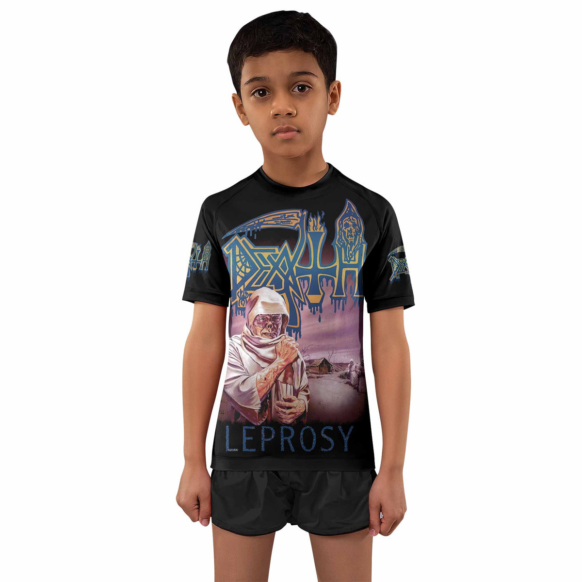 Death Leprosy Kids Rash Guard Short Sleeve - boy's lifestyle view