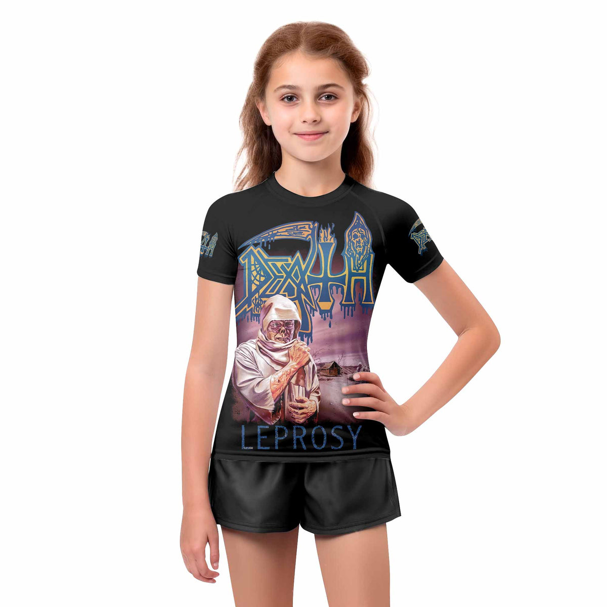 Death Leprosy Kids Rash Guard Short Sleeve - girl's lifestyle view